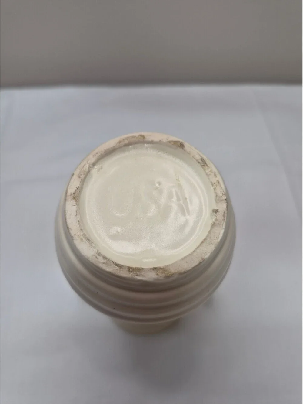 Vintage White Ceramic Ribbed Vase with Dual Handles and USA Marking, J8